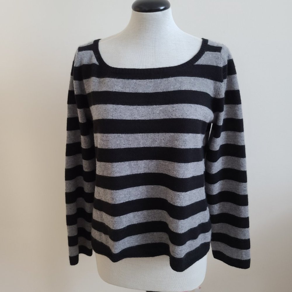 Joie Black Gray Striped Cashmere Boat Neck Back Zipper Long Sleeve Sweater sz S